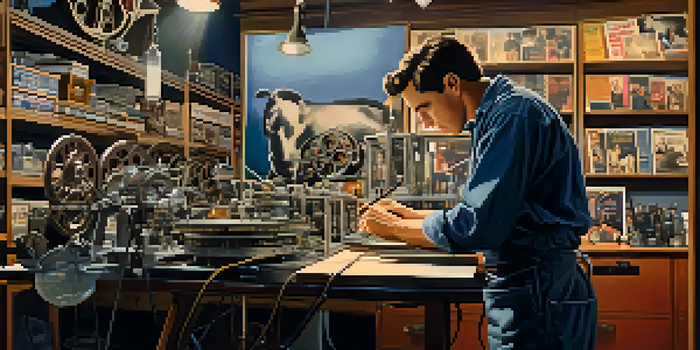 A technician carefully restoring an old film reel in a warmly lit vintage workshop, surrounded by film posters and restoration tools.