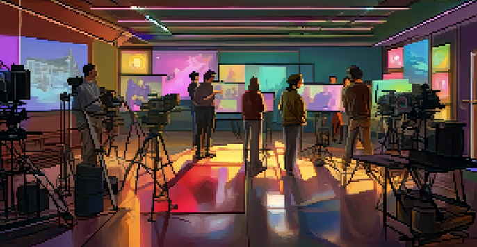 A diverse group of filmmakers and actors collaborating on a film script in a colorful production set.