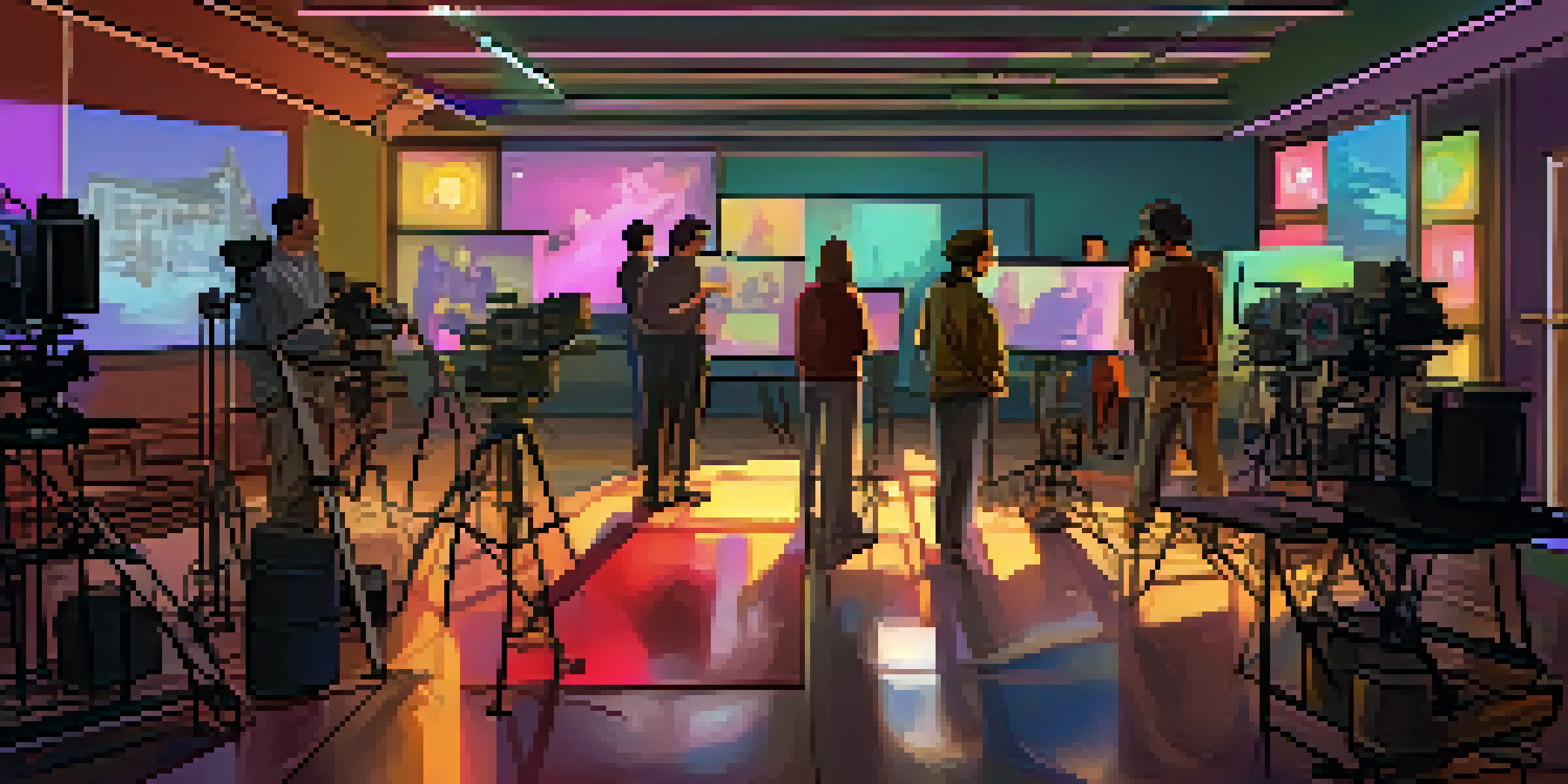 A diverse group of filmmakers and actors collaborating on a film script in a colorful production set.