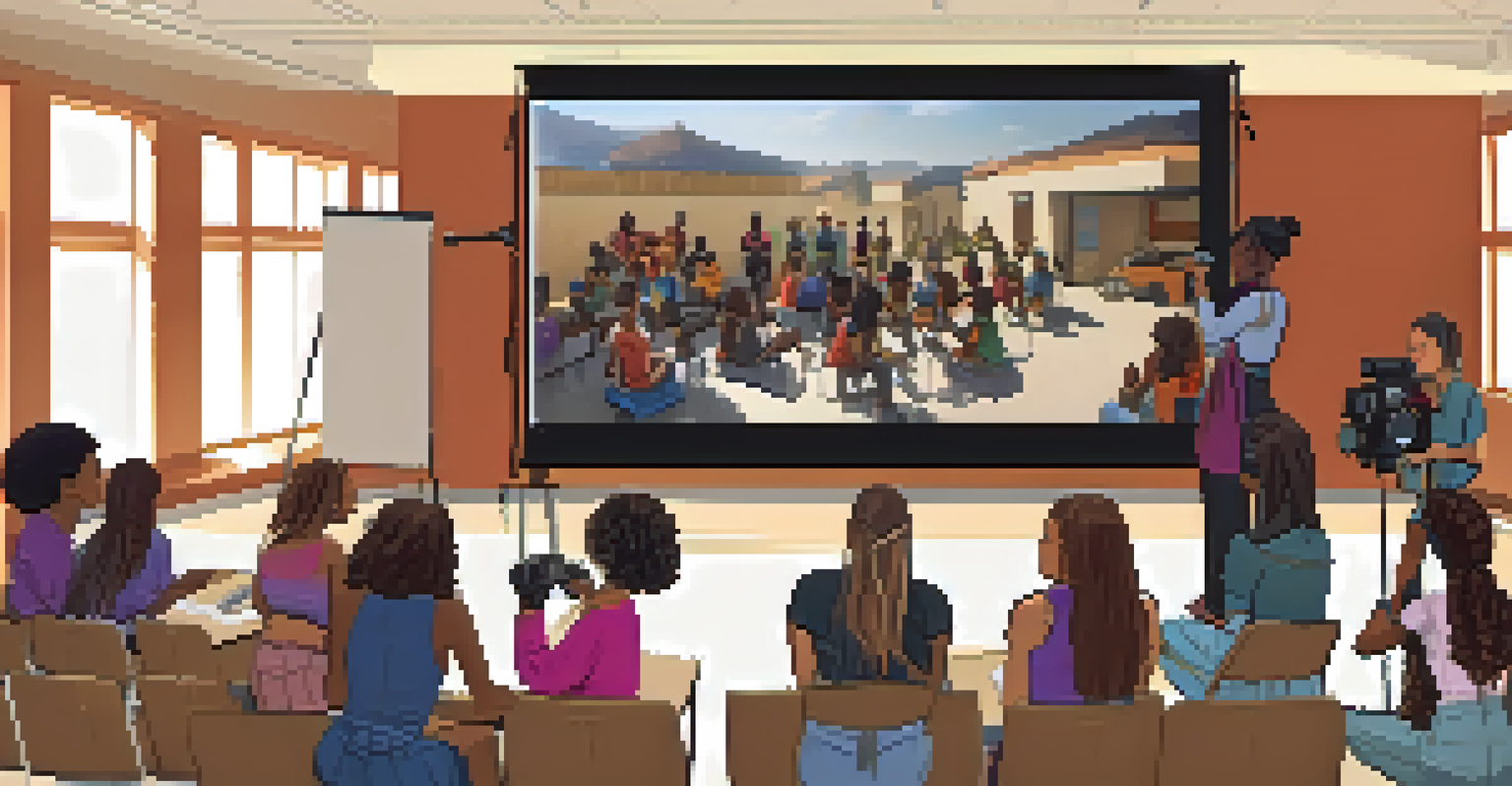 A diverse group of women in a cinematography workshop, actively participating and learning from an instructor.