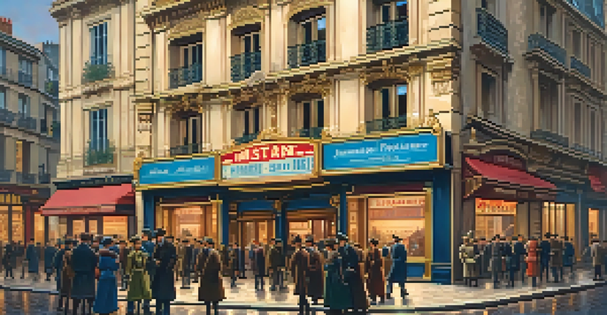 A vintage cinema scene in Paris with classic movie posters and pedestrians in period clothing under twilight colors.