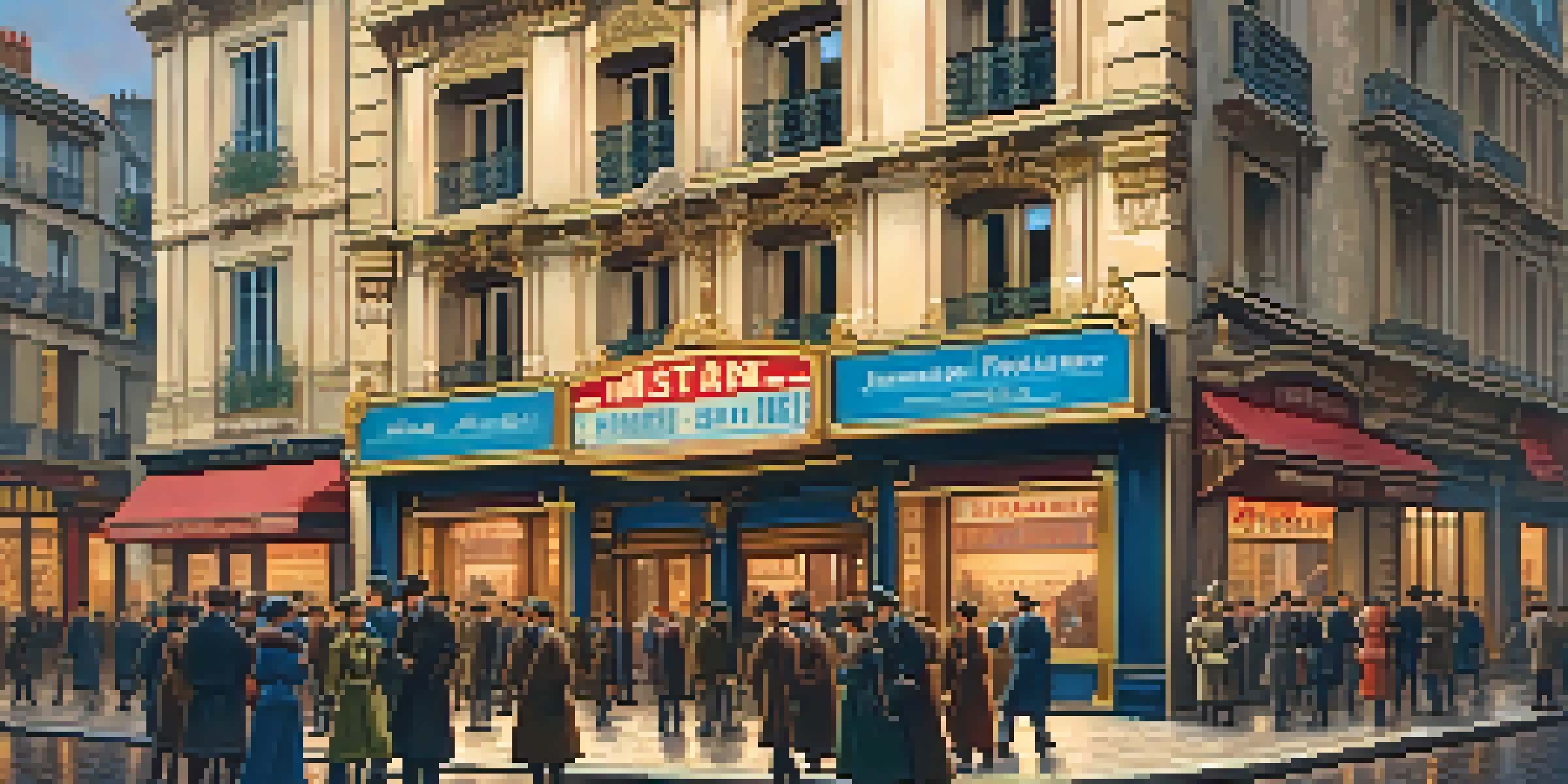 A vintage cinema scene in Paris with classic movie posters and pedestrians in period clothing under twilight colors.
