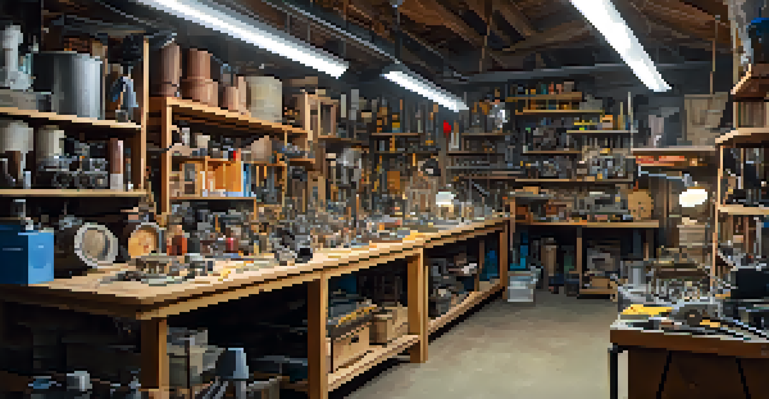 A prop maker's workshop filled with tools and various film props in different stages of creation, featuring a prop maker at work.