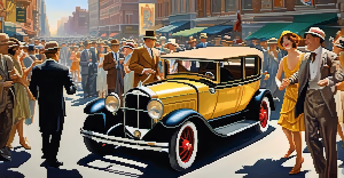 A comedic scene from the 1920s with a character performing slapstick humor on a busy street, surrounded by flapper dresses and jazz musicians.