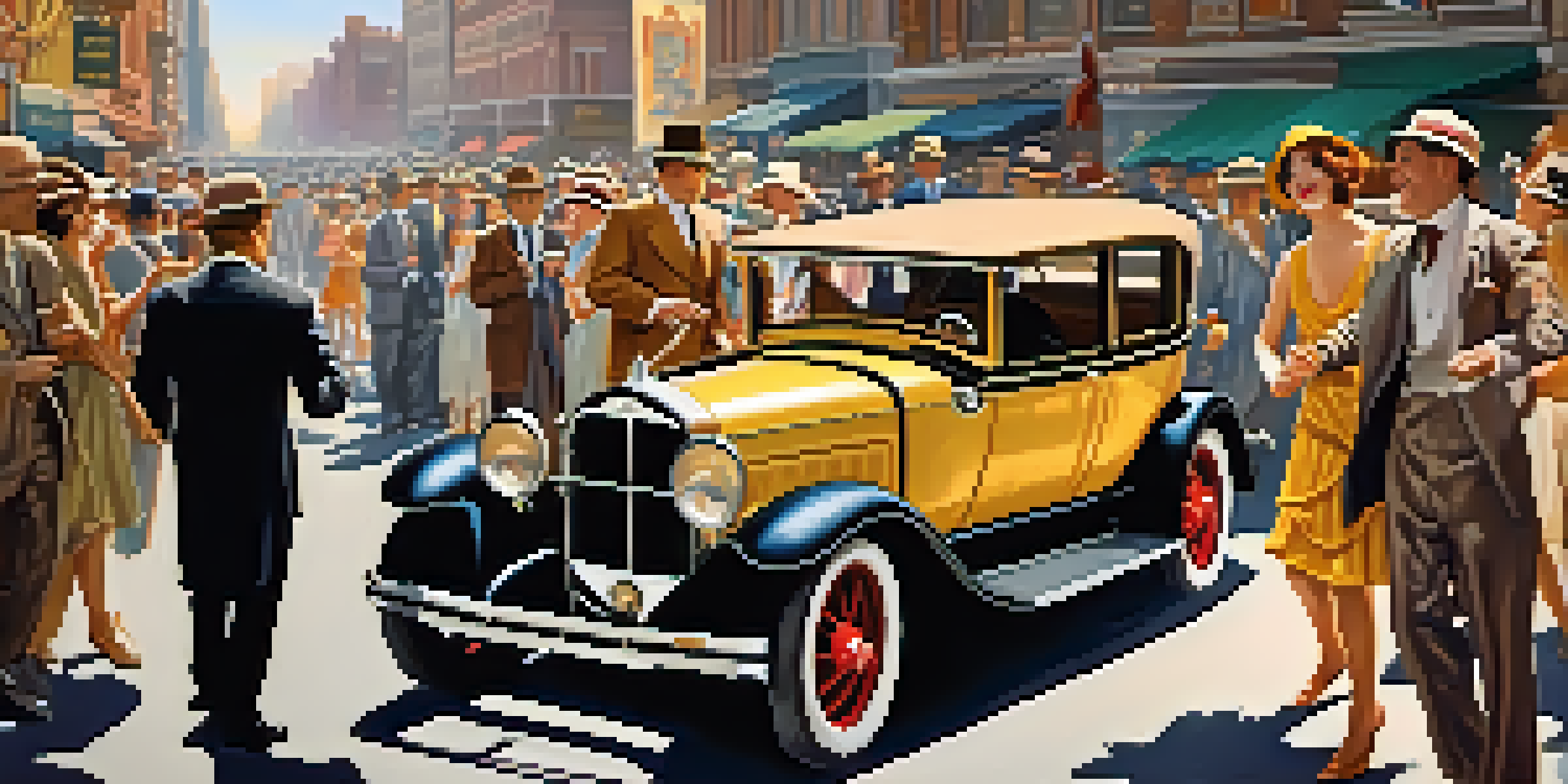 A comedic scene from the 1920s with a character performing slapstick humor on a busy street, surrounded by flapper dresses and jazz musicians.