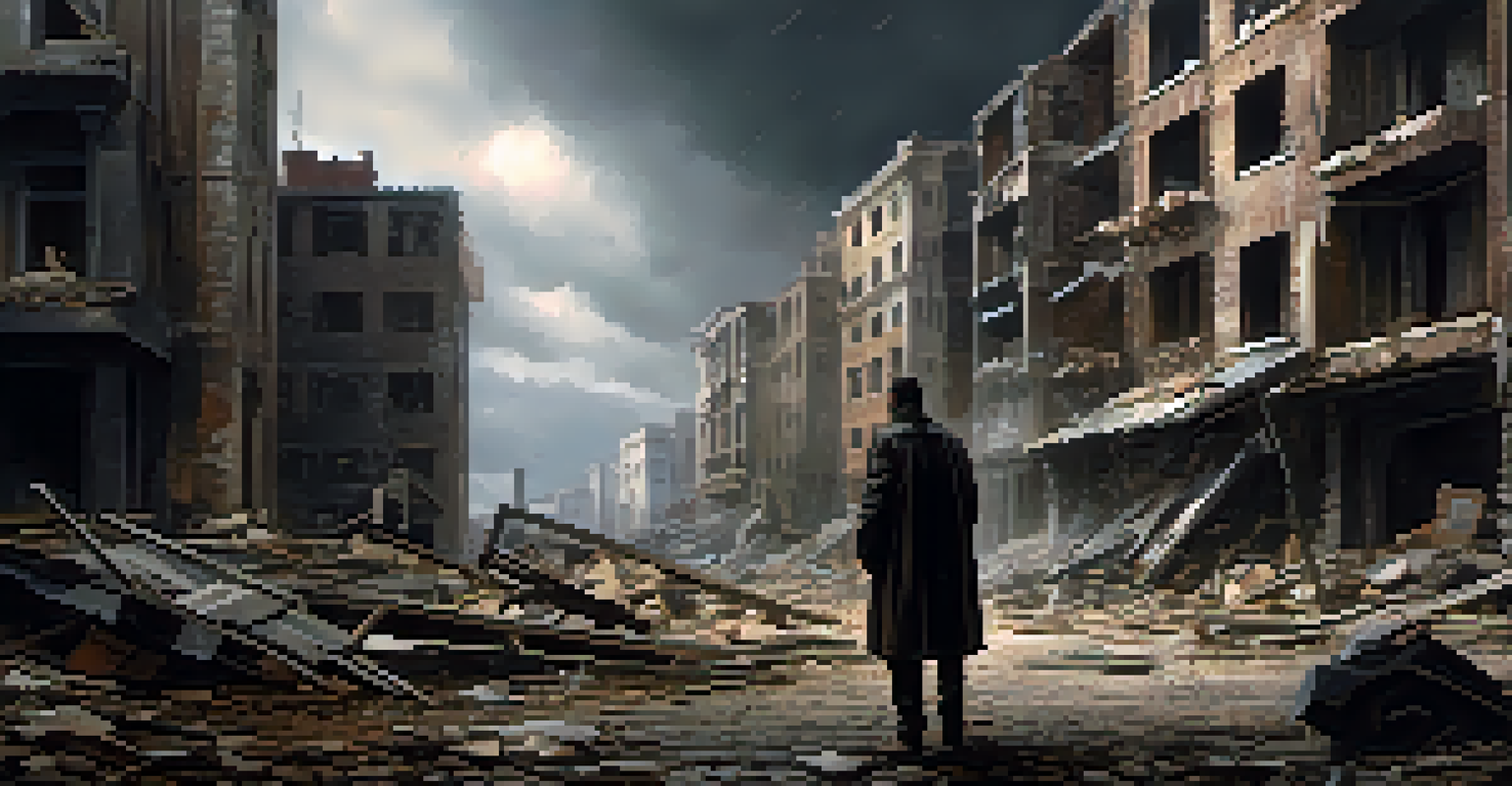 A lone figure in a war-torn city, conveying emotions of despair and determination amidst crumbling buildings and a stormy sky.