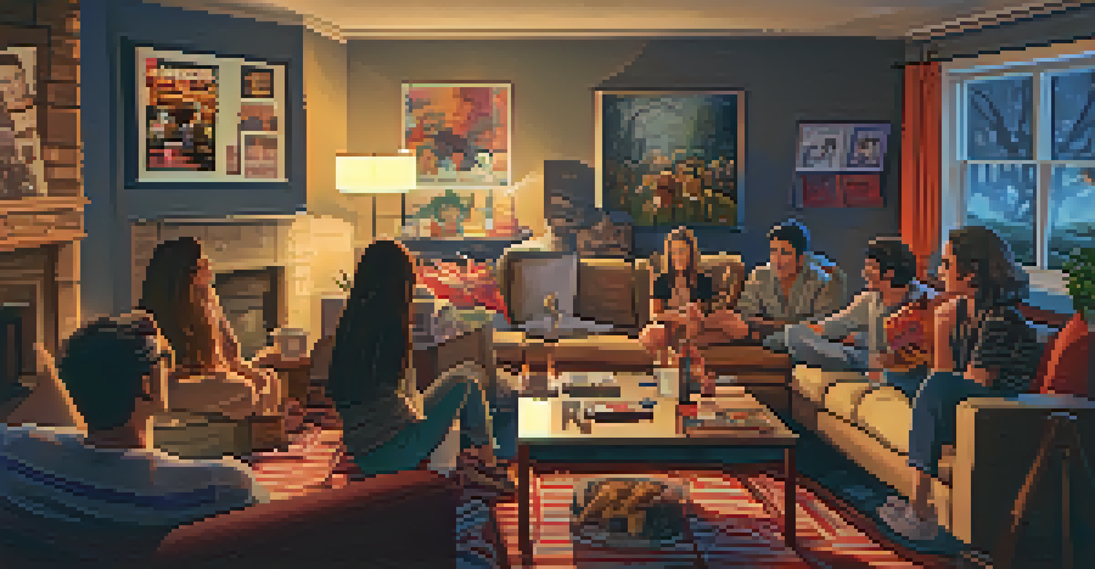 A cozy living room with friends watching a cult classic film, decorated with movie posters and warm lighting.