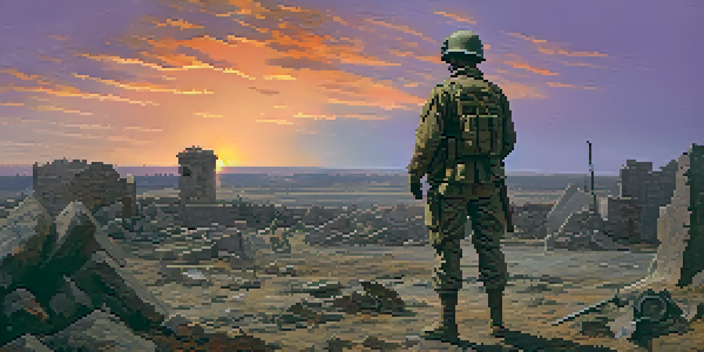 A soldier in a worn uniform stands in a sunset-lit, war-torn landscape, looking towards the horizon amidst ruins and remnants of a battlefield.