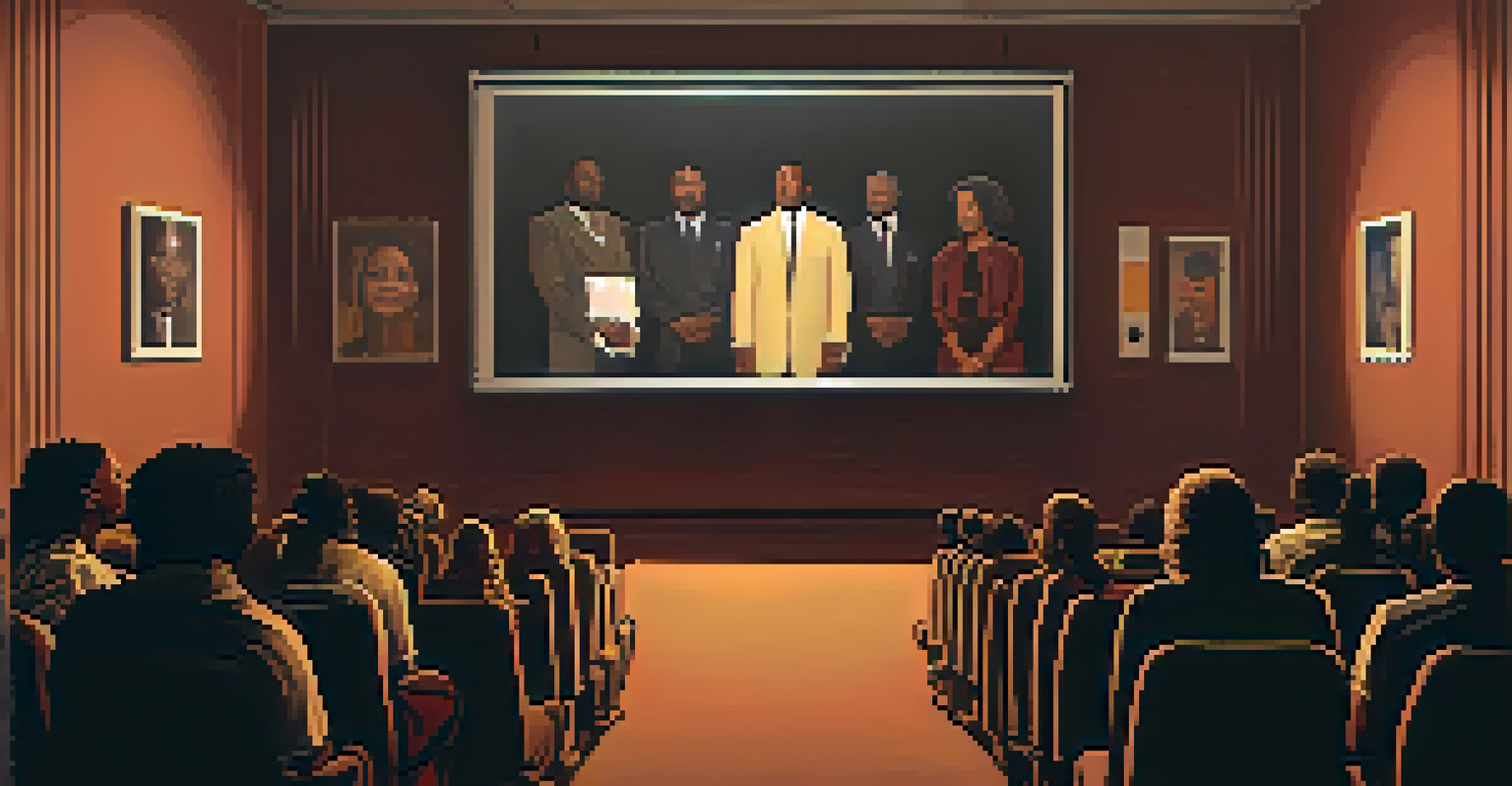An audience in a dimly lit room watching a documentary about racial identity, faces illuminated by the projector's glow.