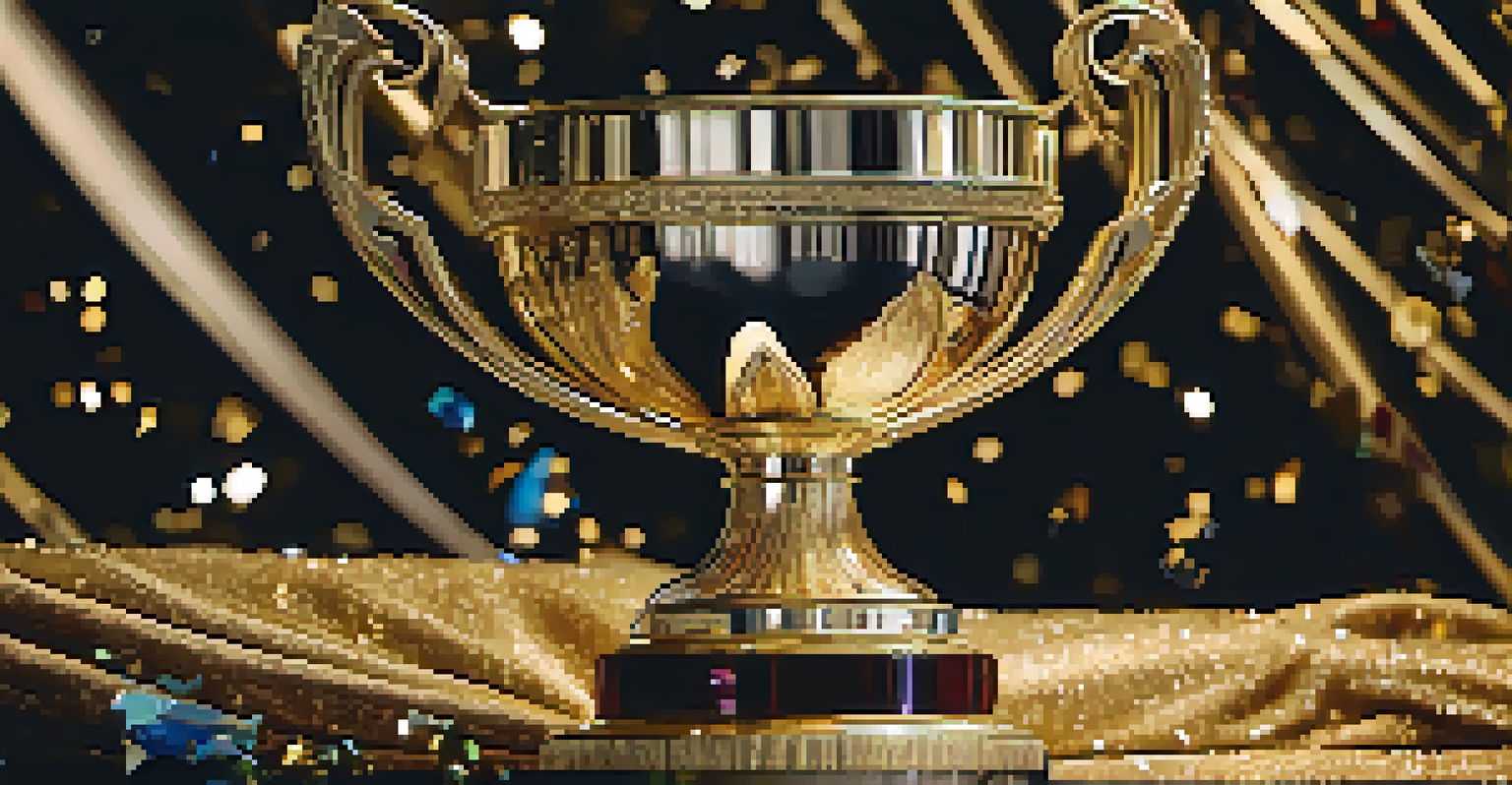 A close-up of the Palme d'Or trophy on a velvet cushion, highlighting its intricate details and a blurred festive background.