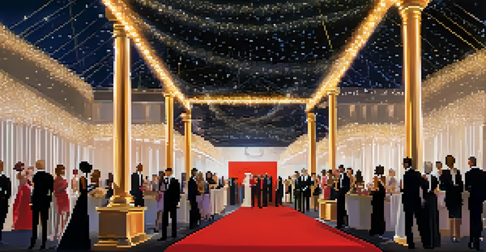 A red carpet event with elegantly dressed attendees mingling under twinkling lights, showcasing a large logo banner.