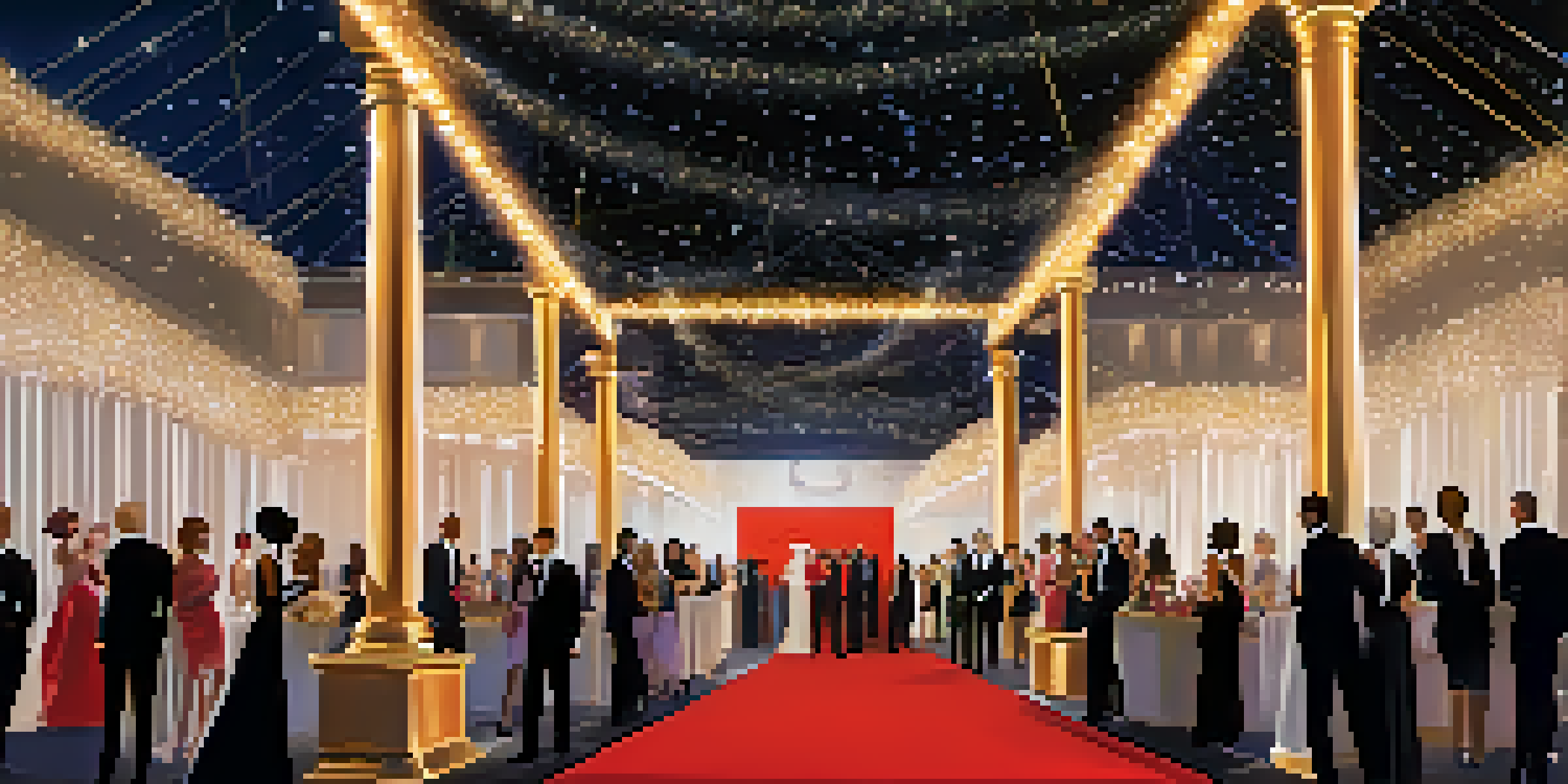 A red carpet event with elegantly dressed attendees mingling under twinkling lights, showcasing a large logo banner.