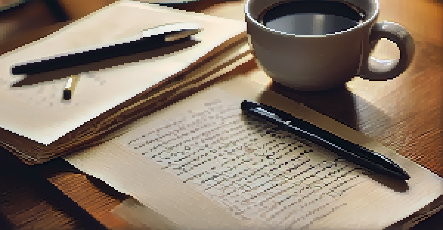 A close-up of a script with coffee and notes on a wooden table, illuminated by soft light.