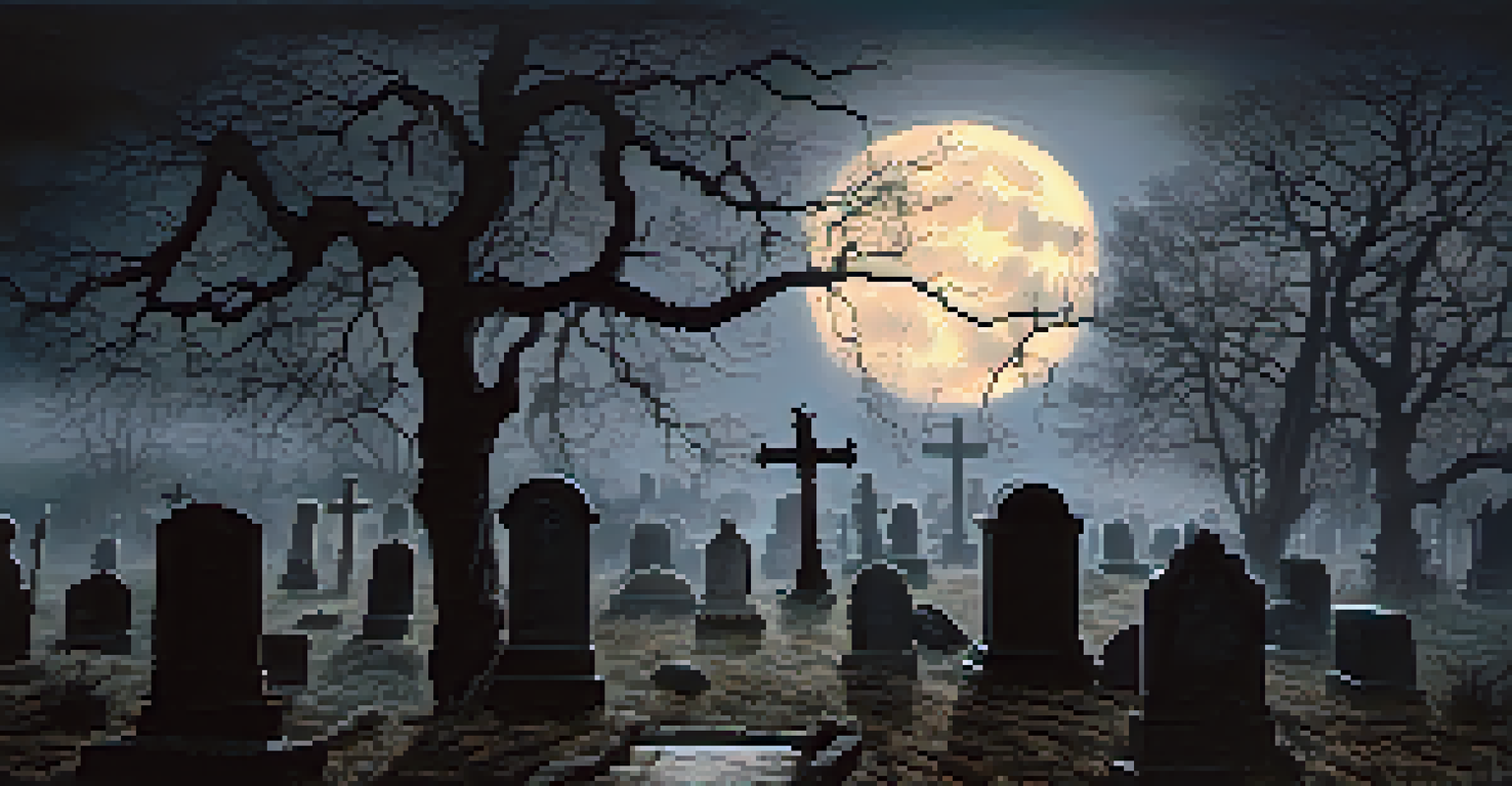 A misty graveyard at twilight, featuring twisted trees and tombstones under a full moon.