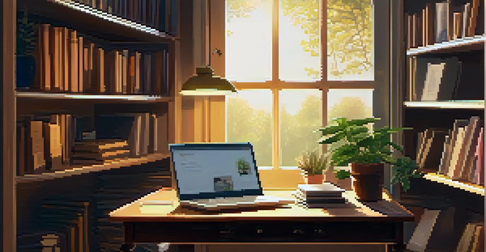 A cozy writing nook with a vintage wooden desk, an open laptop, shelves of books, and plants, illuminated by warm golden light from a window.