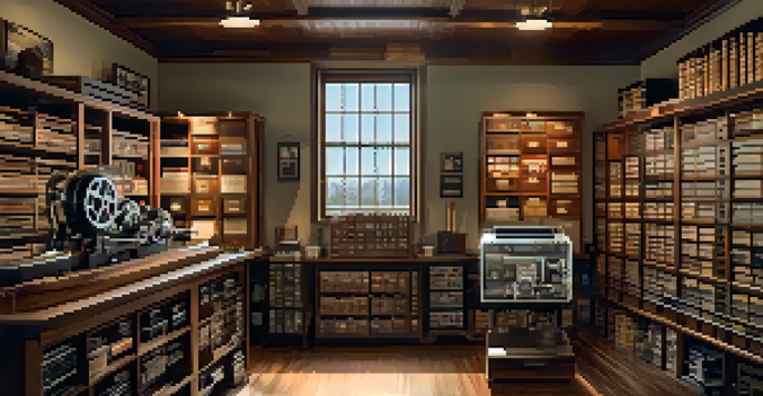 A cozy film preservation studio with an antique projector and organized film reels, bathed in warm light.