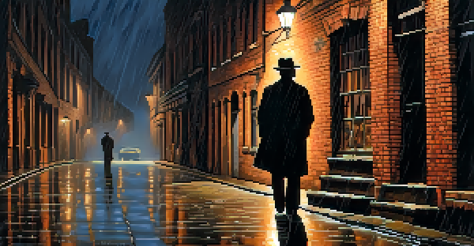 A dark urban alleyway at night with rain-soaked cobblestones and a silhouetted figure wearing a fedora, capturing the essence of Film Noir.