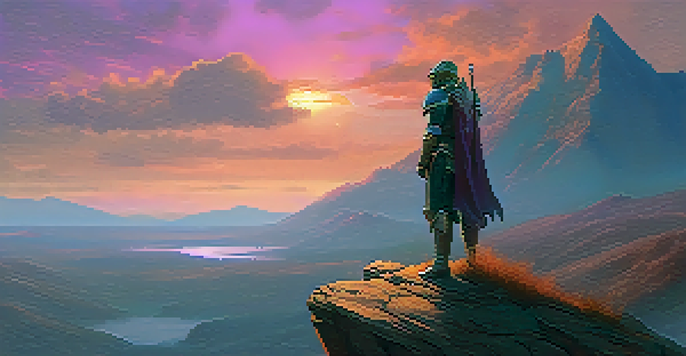 A heroic character in armor standing on a cliff at sunset, overlooking a mystical landscape with mountains and clouds.