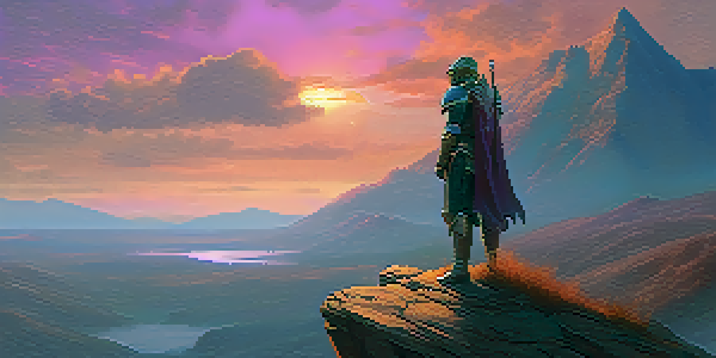A heroic character in armor standing on a cliff at sunset, overlooking a mystical landscape with mountains and clouds.