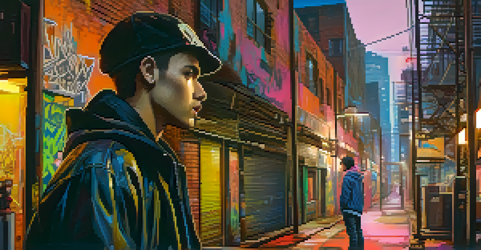 A modern antihero in an urban setting, looking contemplative amidst graffiti and neon lights.