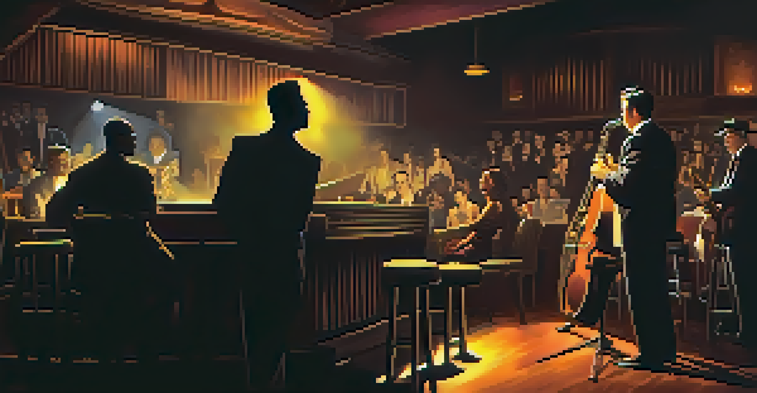A vintage jazz bar with a spotlight on a sultry singer and shadowy figures in the audience, embodying the moody atmosphere of Film Noir.