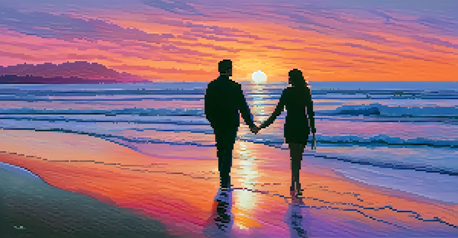 A silhouette of a couple walking on the beach at sunset, with a colorful sky reflecting on the water, symbolizing love and connection.