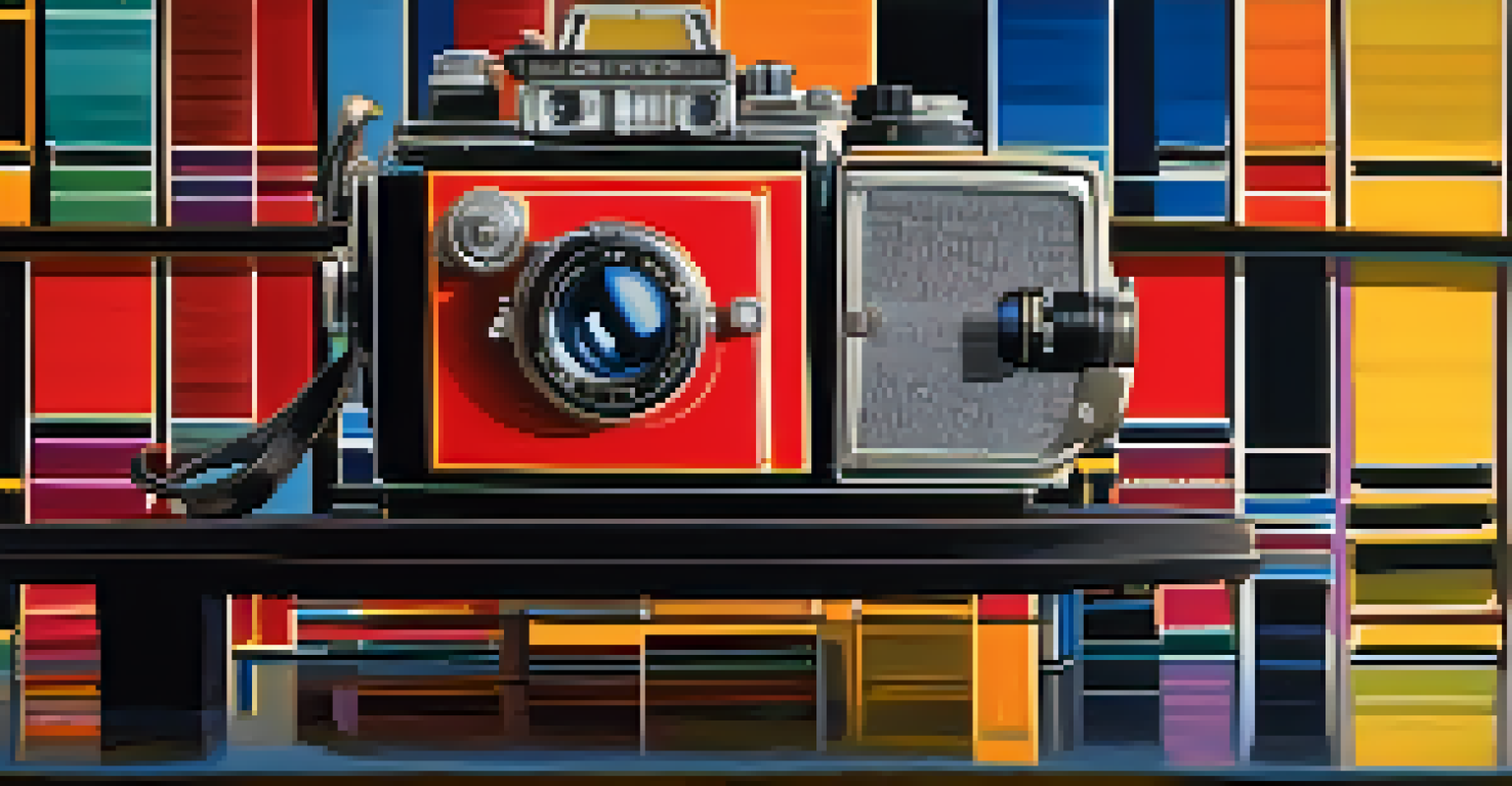 A vintage film camera with colorful film reels in the background.
