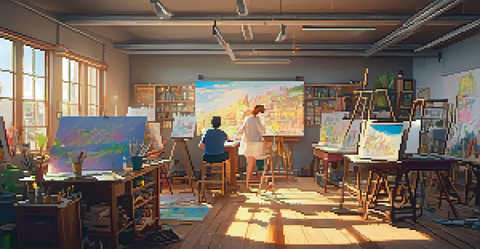 An animation studio with artists creating hand-drawn frames, surrounded by sketches and colorful paints under bright sunlight.