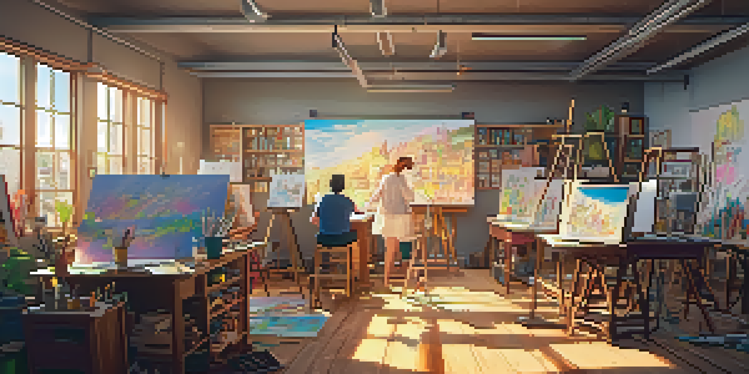 An animation studio with artists creating hand-drawn frames, surrounded by sketches and colorful paints under bright sunlight.