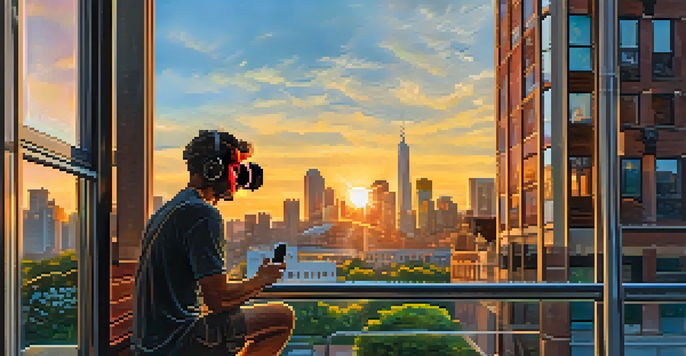 A mobile filmmaker capturing a sunset in an urban environment, surrounded by greenery and colorful buildings reflecting light.