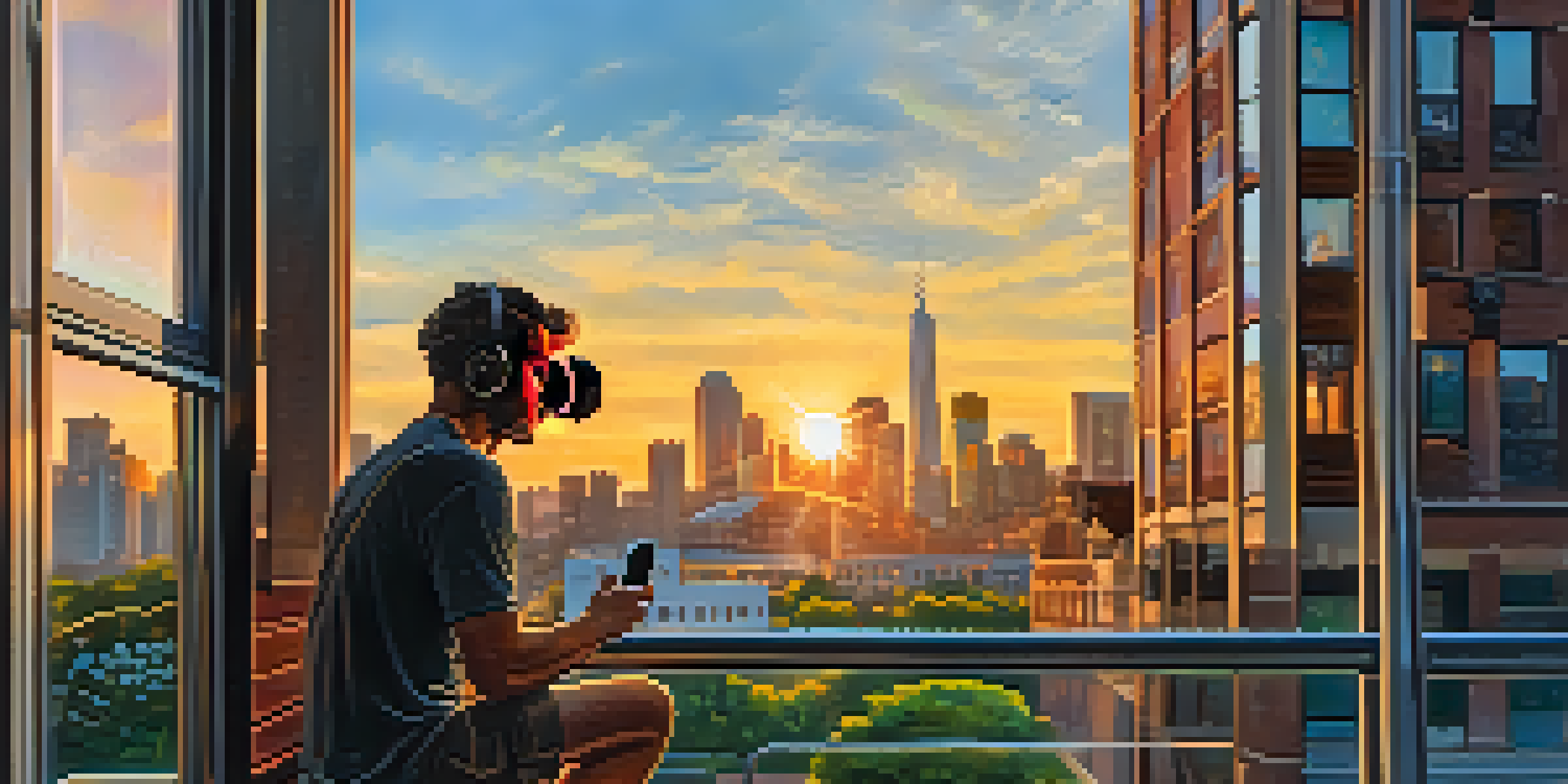 A mobile filmmaker capturing a sunset in an urban environment, surrounded by greenery and colorful buildings reflecting light.
