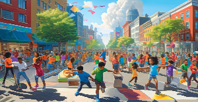 A colorful animated city with diverse characters involved in social justice activities, including children planting trees and adults holding equality signs.