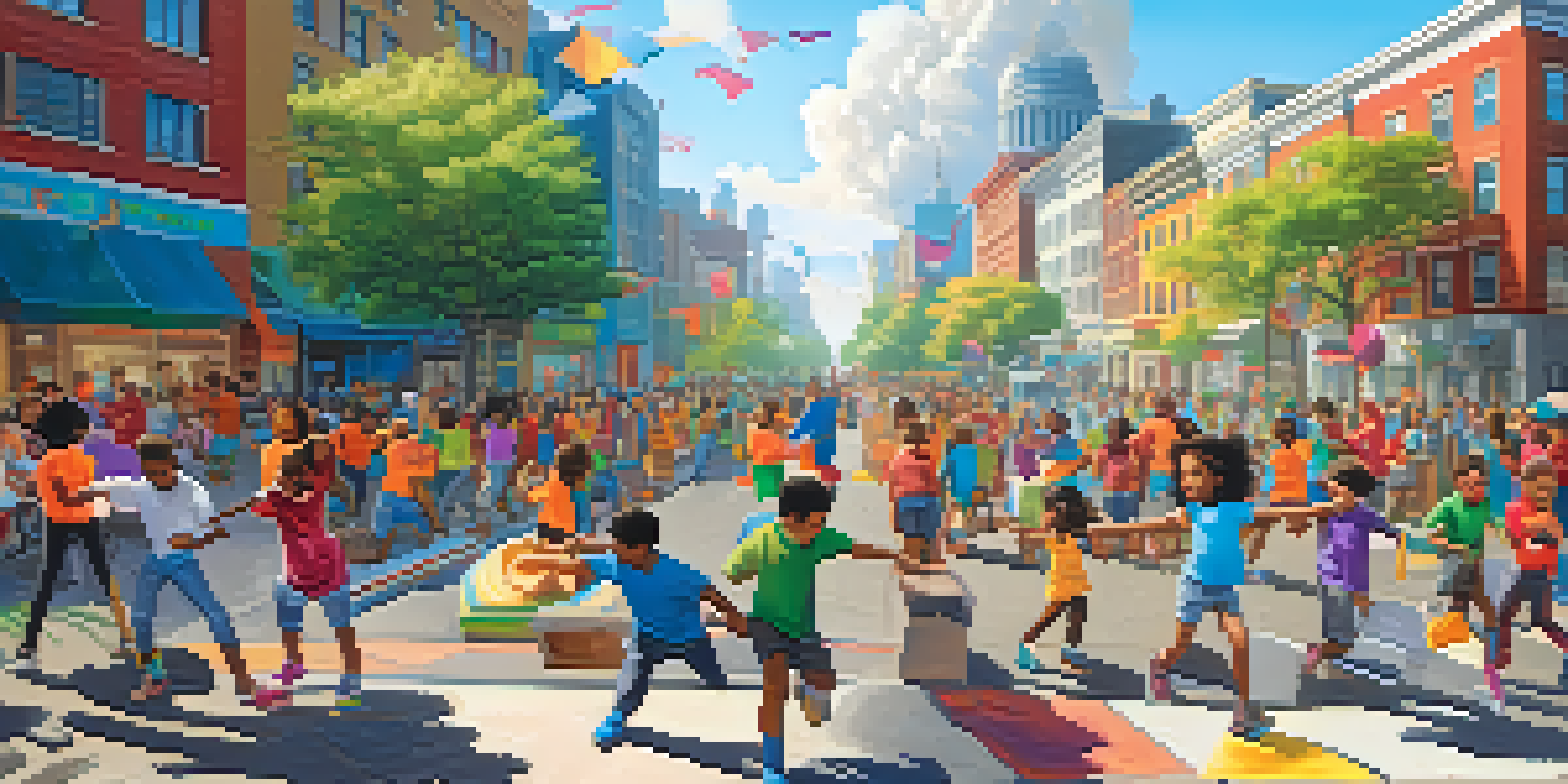 A colorful animated city with diverse characters involved in social justice activities, including children planting trees and adults holding equality signs.