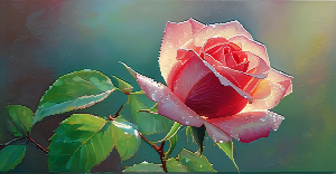 A close-up of a red rose with dew drops, softly lit in a pastel background.