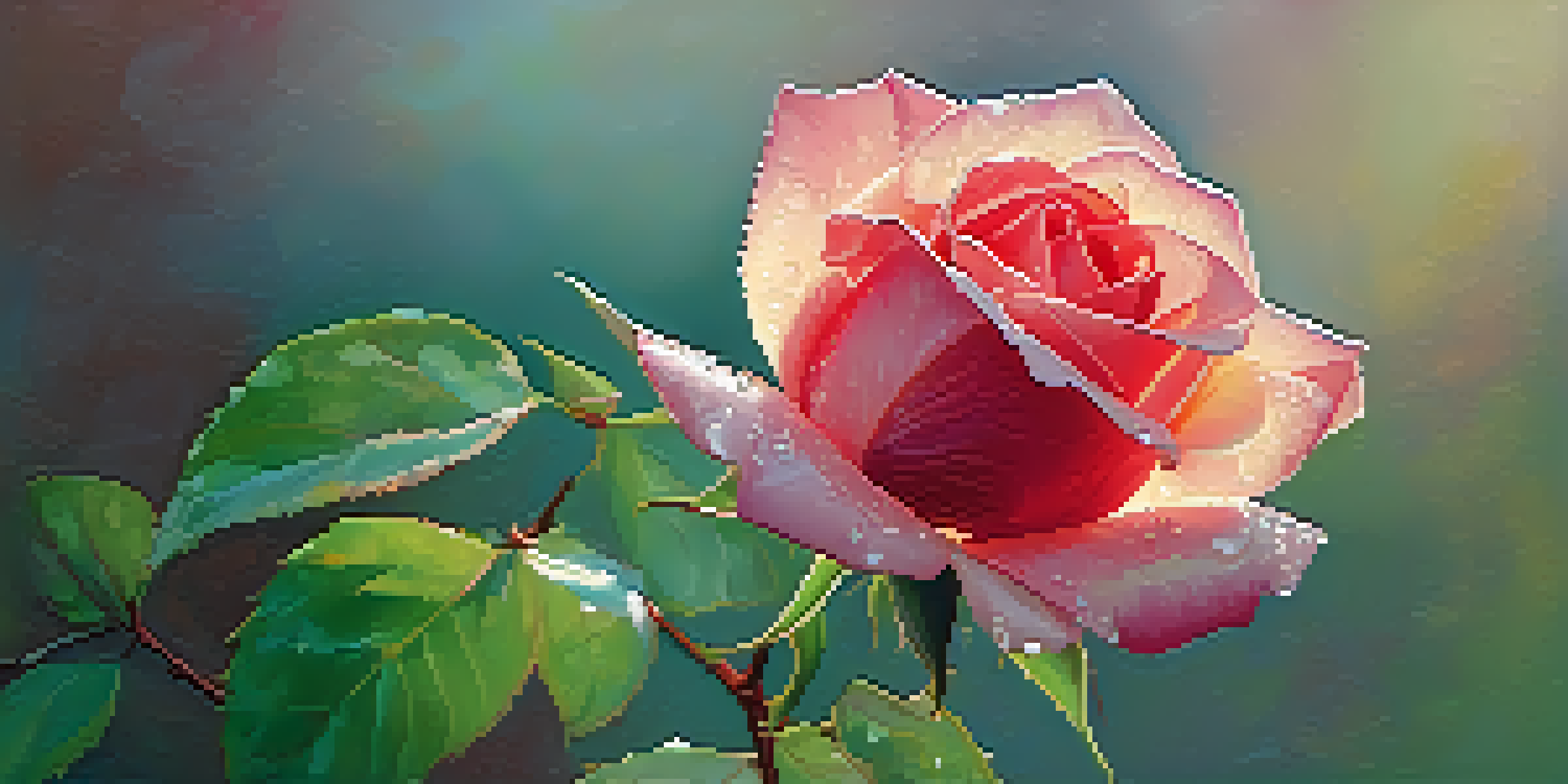 A close-up of a red rose with dew drops, softly lit in a pastel background.