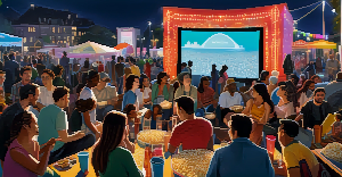 A lively outdoor film festival with a diverse crowd enjoying a classic movie screening under colorful lights.