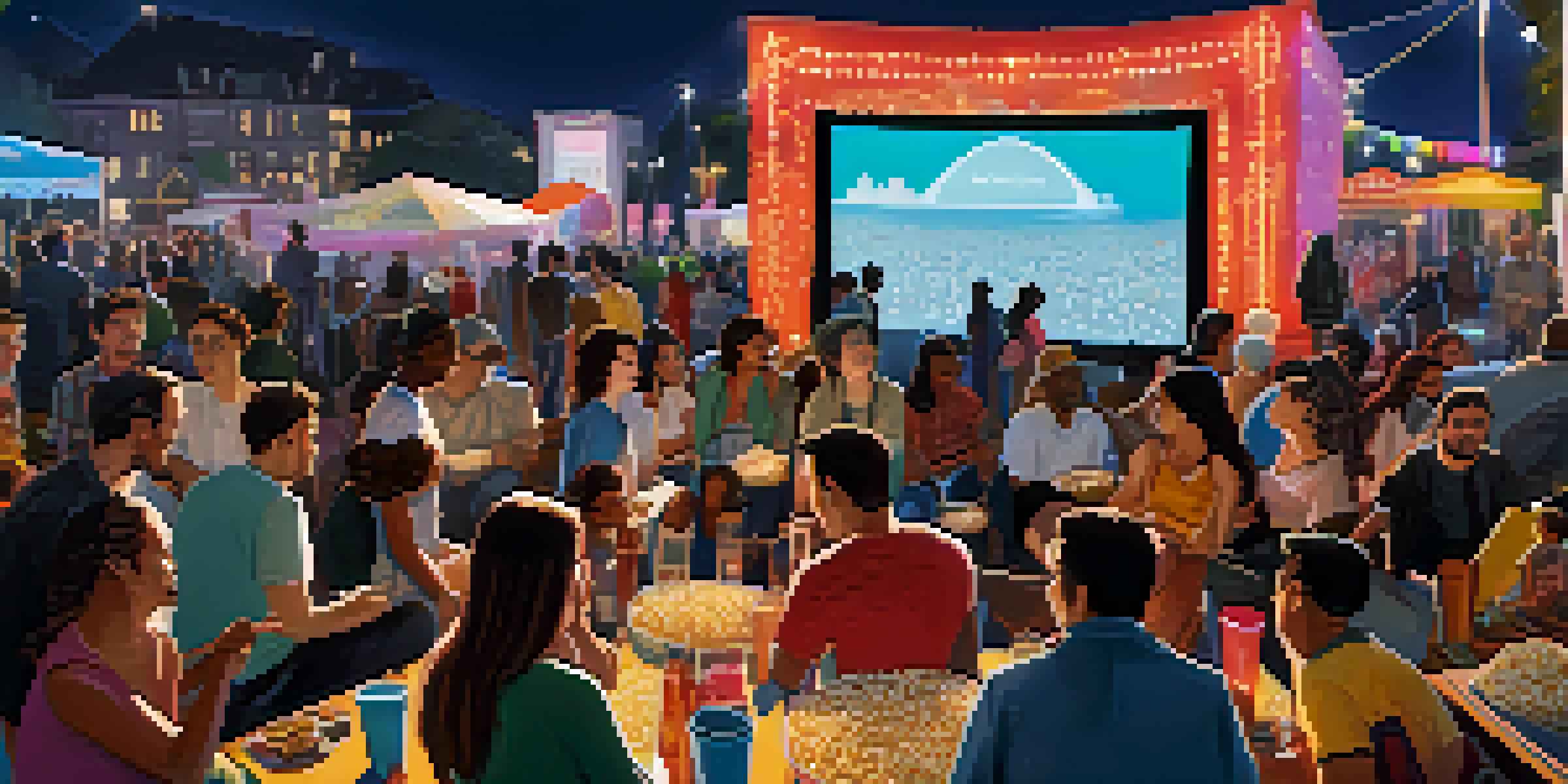 A lively outdoor film festival with a diverse crowd enjoying a classic movie screening under colorful lights.