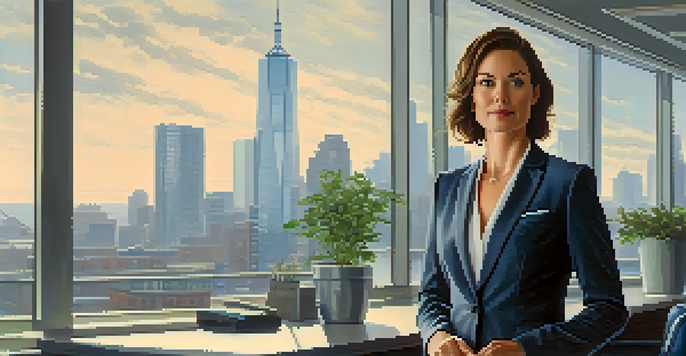 A confident modern businesswoman in a stylish suit standing in a bright office with a city skyline view.