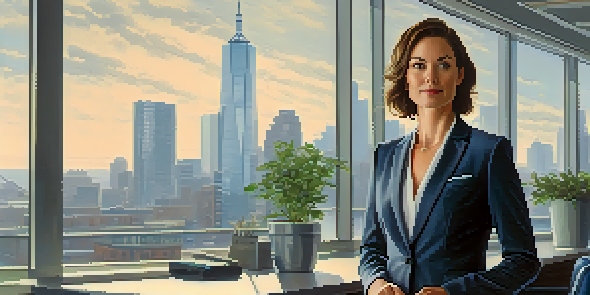 A confident modern businesswoman in a stylish suit standing in a bright office with a city skyline view.