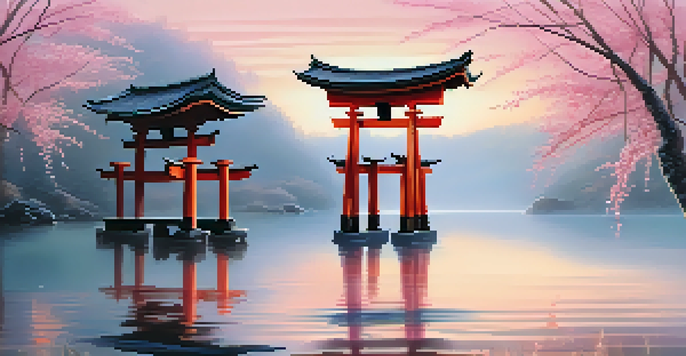 A peaceful Japanese landscape with a lake reflecting cherry blossom trees and a wooden torii gate at sunrise.