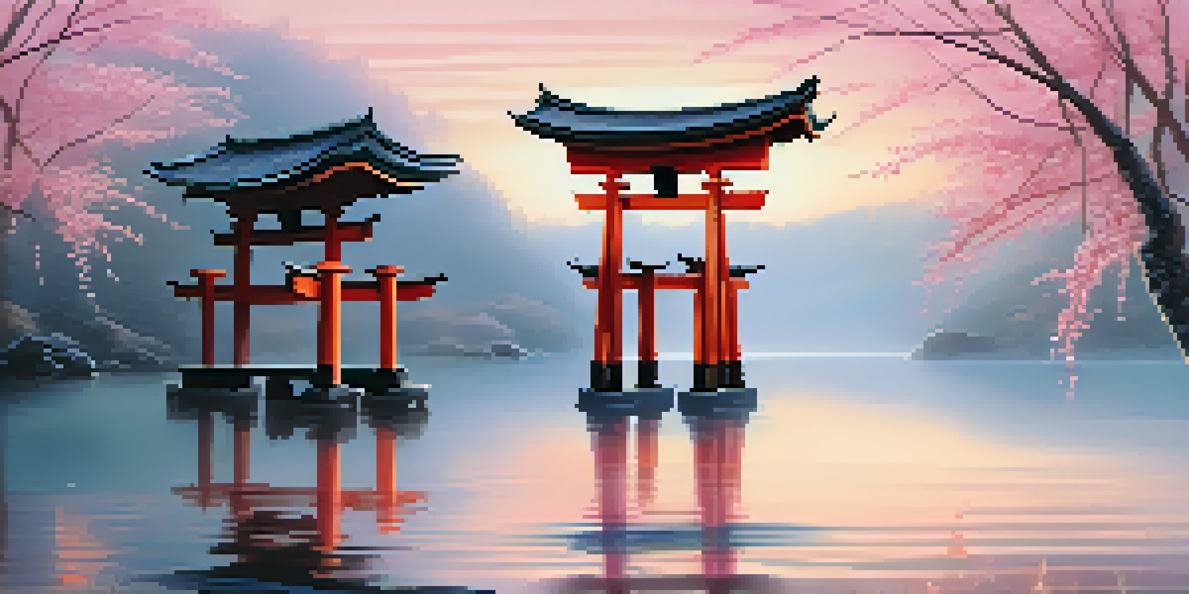 A peaceful Japanese landscape with a lake reflecting cherry blossom trees and a wooden torii gate at sunrise.