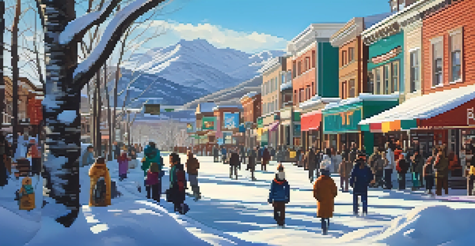 A lively winter scene at the Sundance Film Festival with colorful banners and attendees in winter clothing amidst snowy mountains.