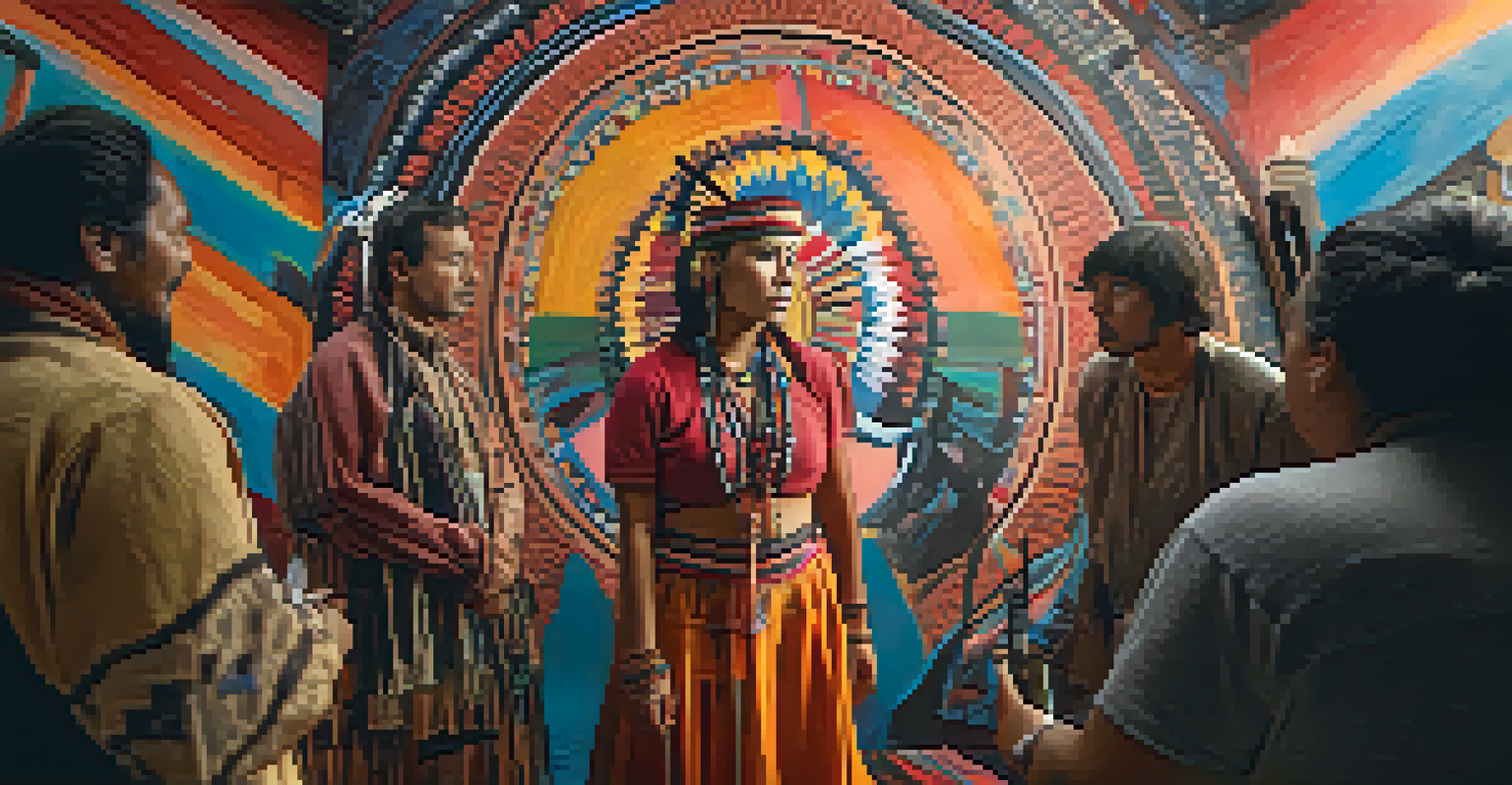 An Indigenous female filmmaker on a film set, engaged in discussion, with a colorful mural in the background.
