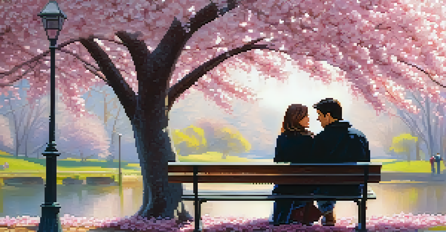 A couple sitting under a cherry blossom tree in a peaceful park.