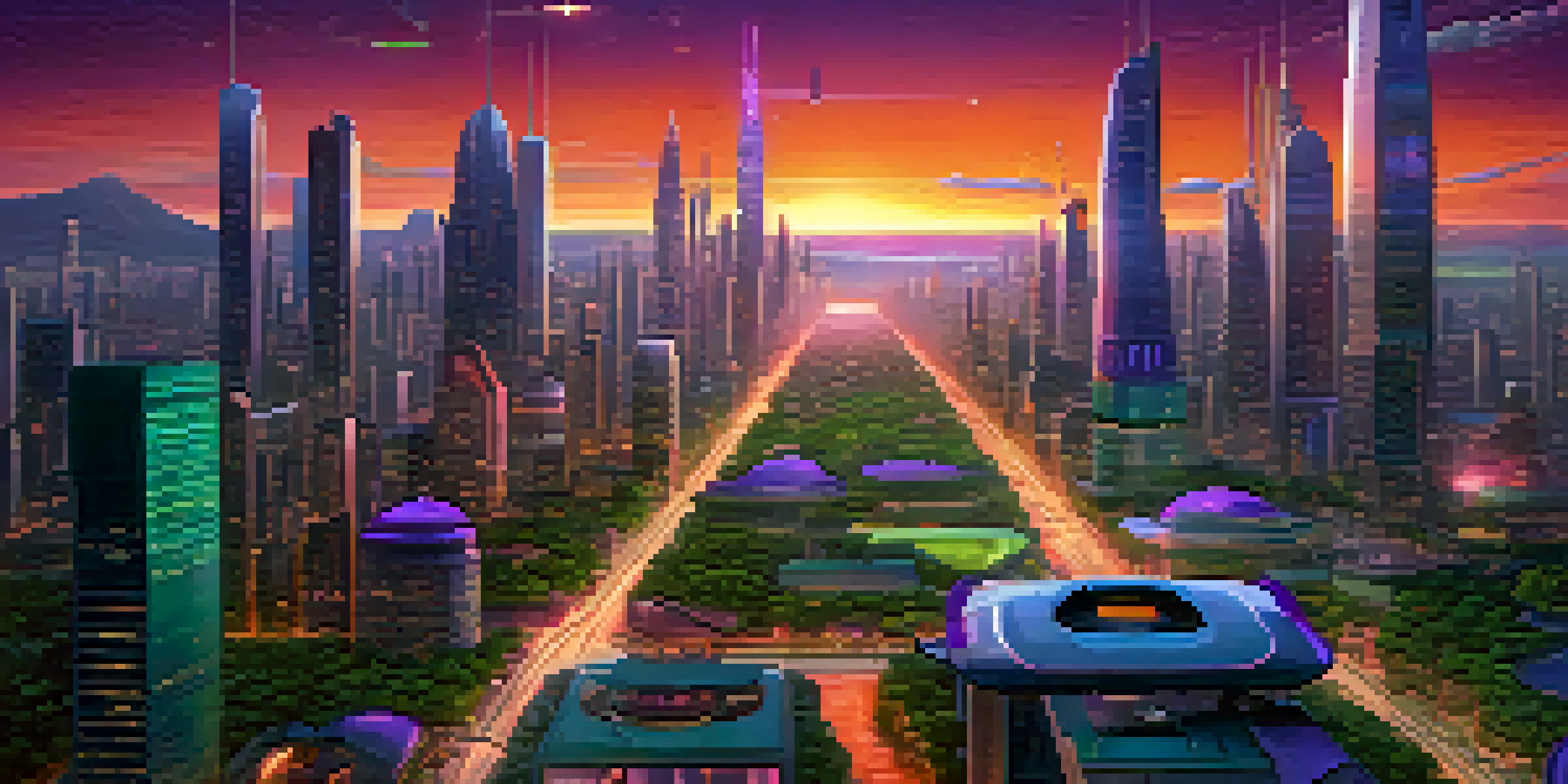 A futuristic cityscape at sunset with neon lights and flying vehicles, blending nature and technology.