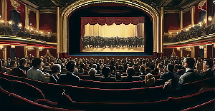 A vintage cinema interior with an audience watching a silent film, featuring ornate decorations and warm lighting.