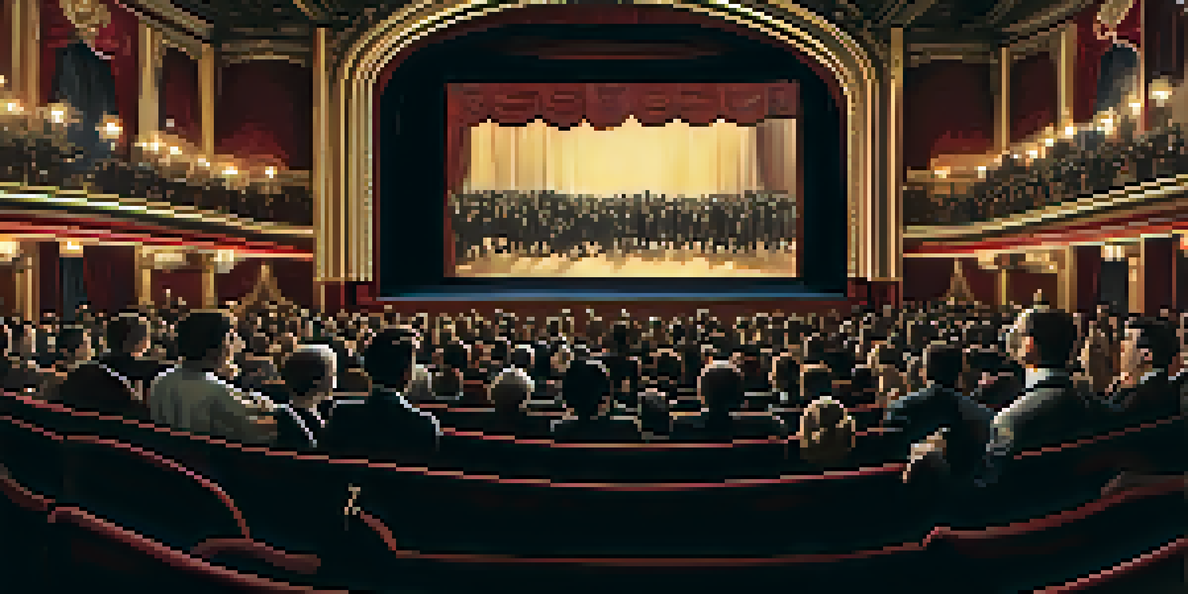A vintage cinema interior with an audience watching a silent film, featuring ornate decorations and warm lighting.