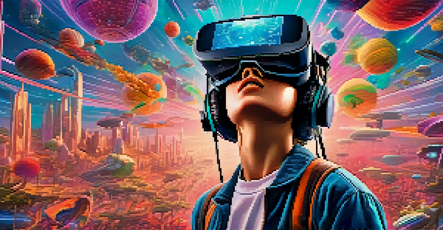 A young person wearing VR headsets, immersed in a vibrant digital landscape inspired by a blockbuster film, illustrating the fusion of technology and storytelling.