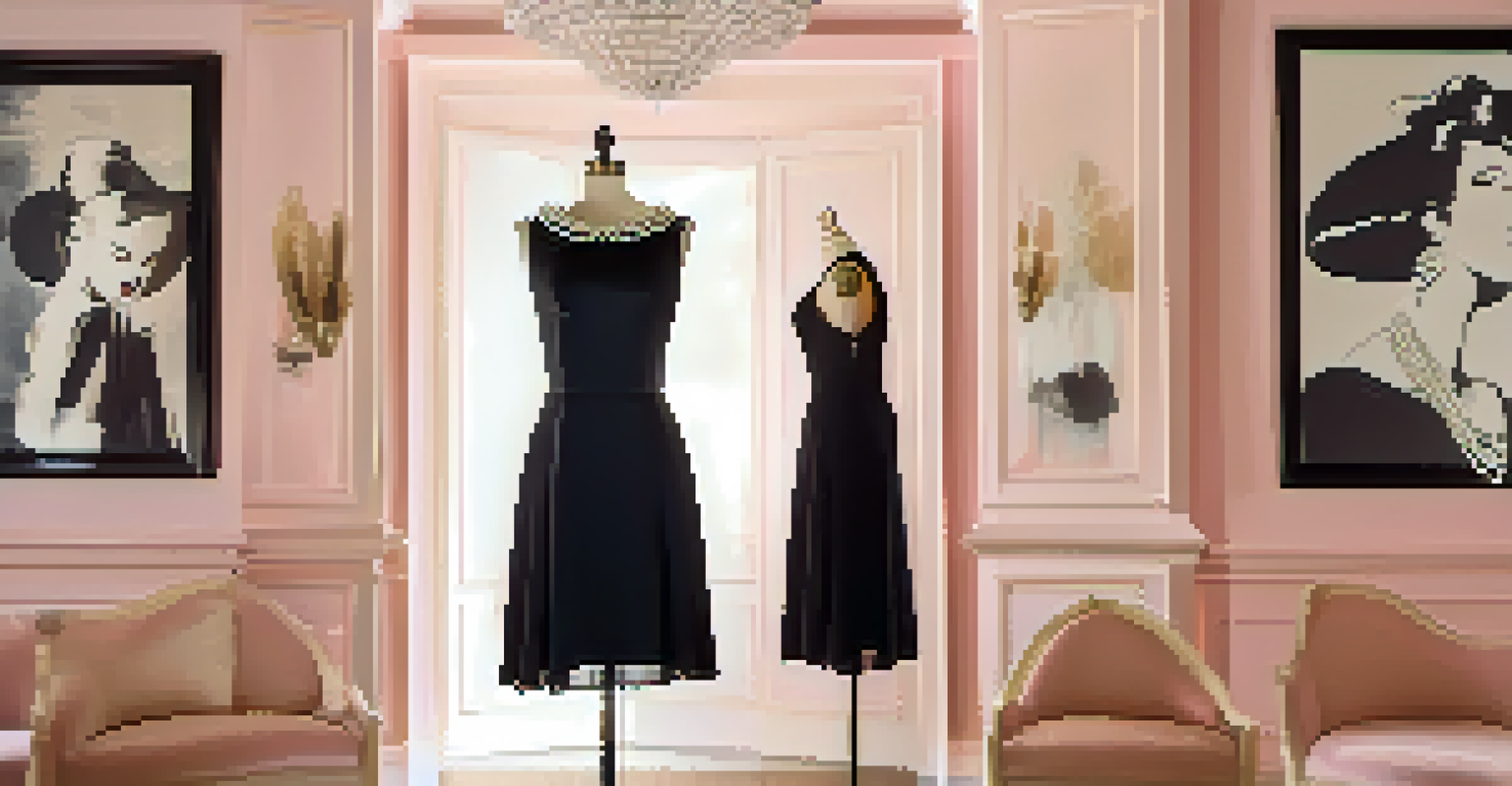A little black dress on a vintage mannequin in a boutique, surrounded by elegant accessories and softly lit.