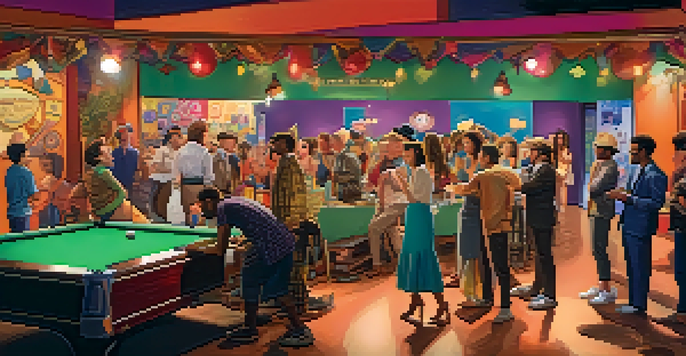 A colorful film set with actors in a comedic scene and crew members preparing in the background.